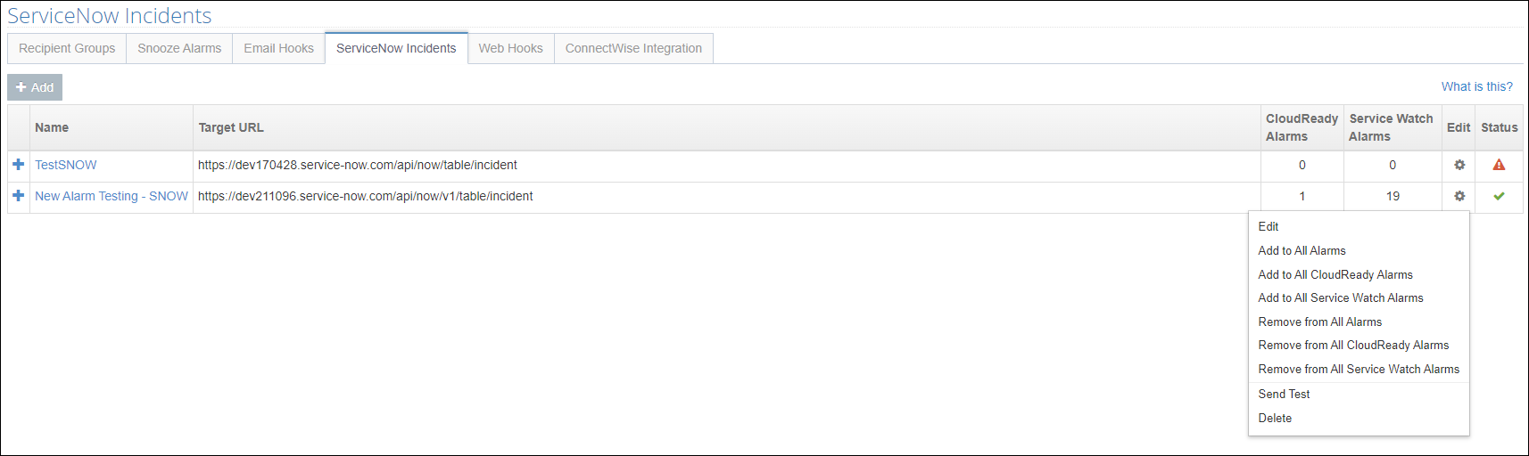 Bulk assignment of integration to alarms